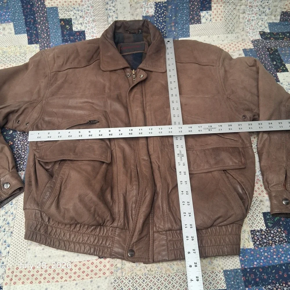 Vintage Mirage Leather Bomber Jacket Mens Large Brown Flannel Lined Multi pocket